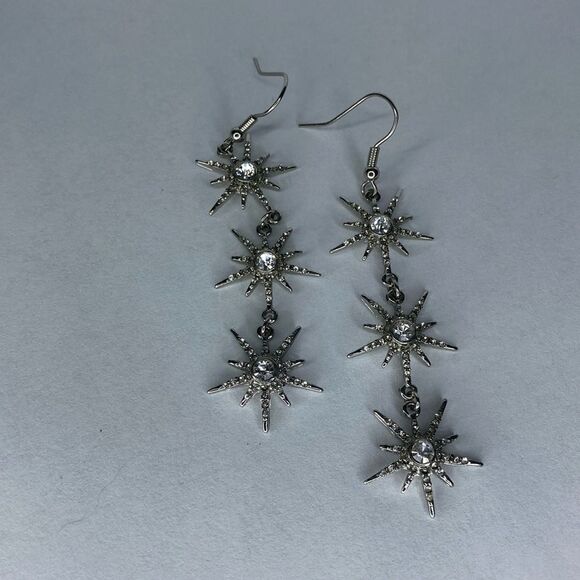 3 Star Sparkle Snowflake Star Drop Earrings 2.5” - Picture 2 of 5